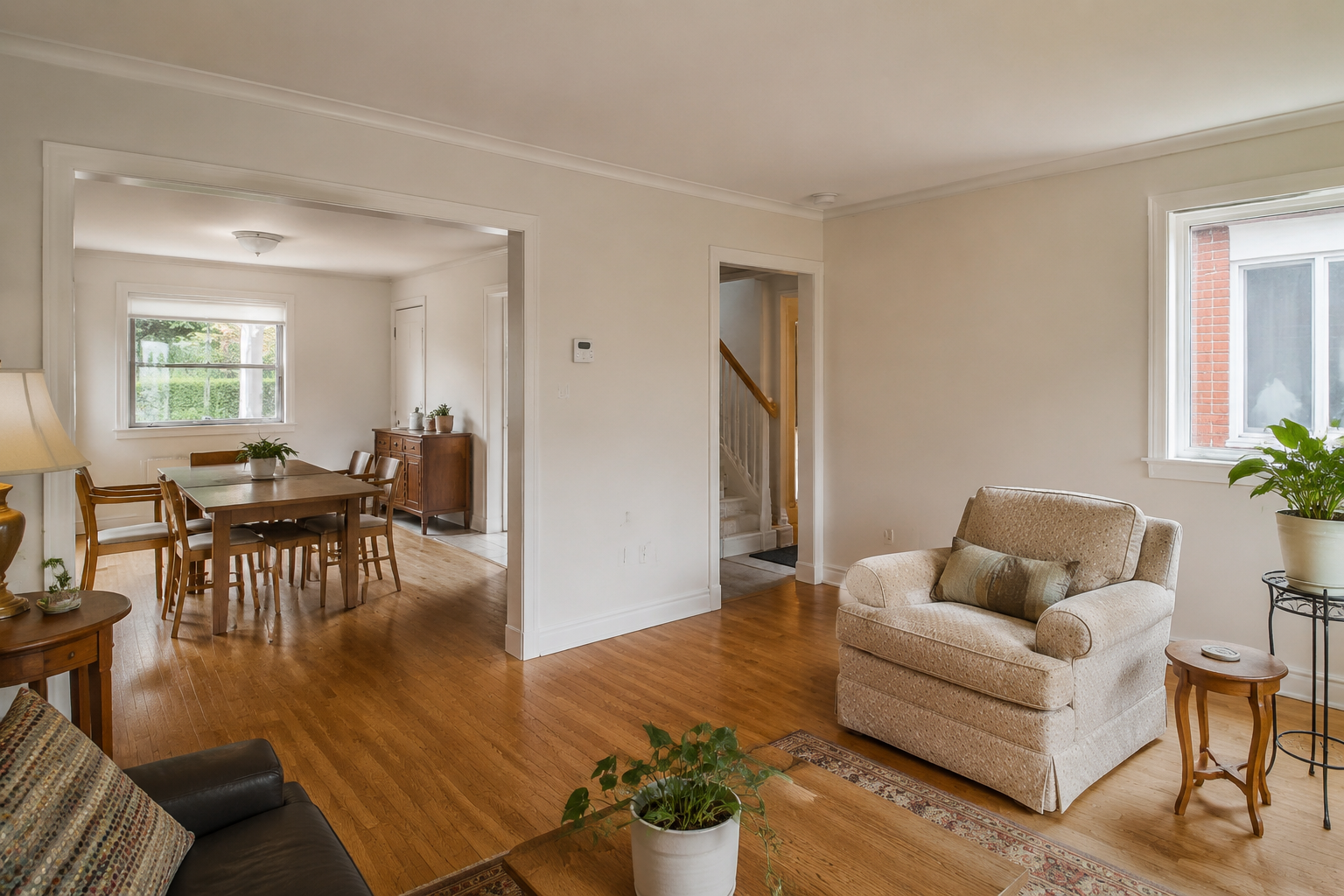 Freshly repainted living and dining area in a Montreal home